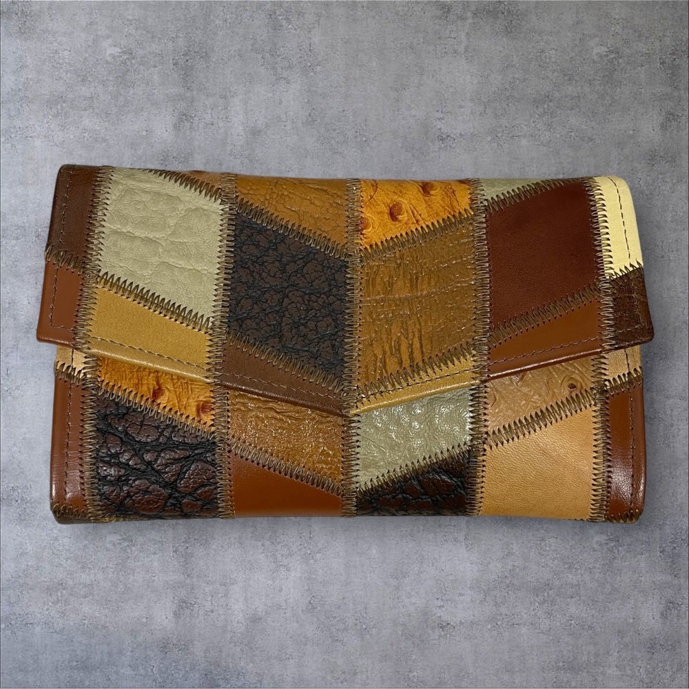 Vtg Tony Lama Patchwork Leather Trifold Wallet 7" Checkbook Western‎ Accessory